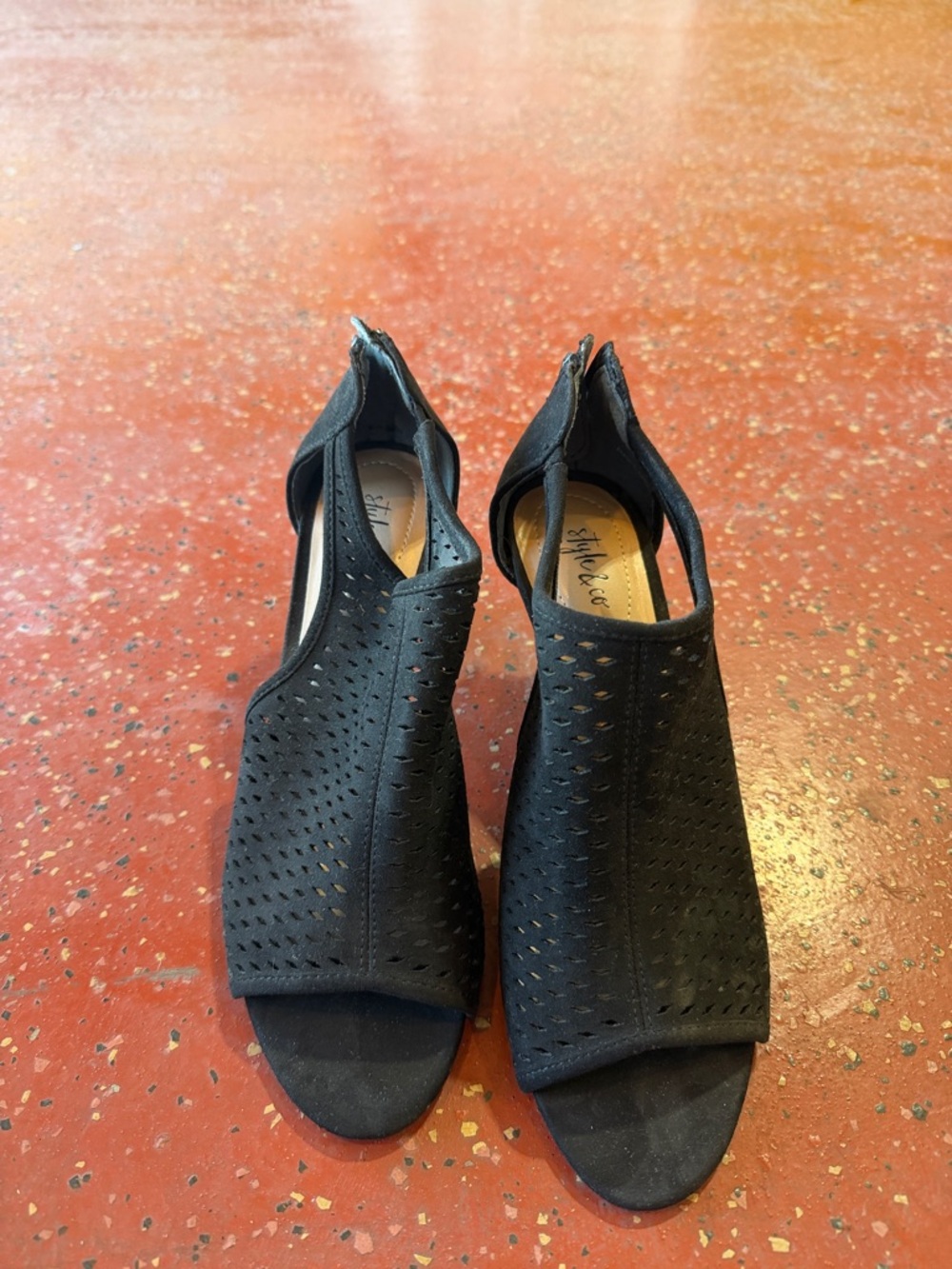 Style & Co. Black Peep-Toe Perforated Block Heels